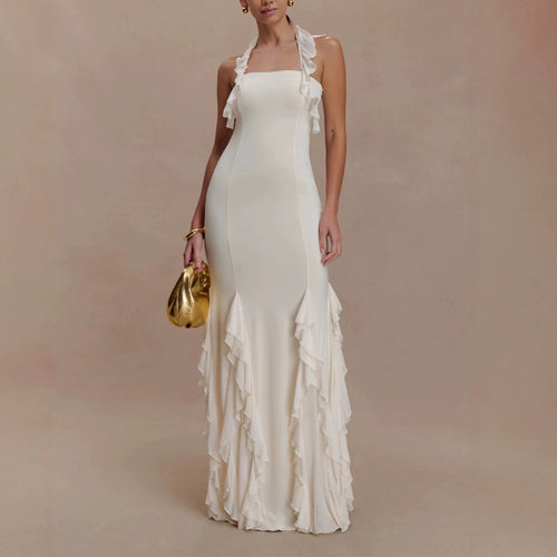 Dame Elegant Langærmet Maxikjole med Ruffles Detaljer Skovae