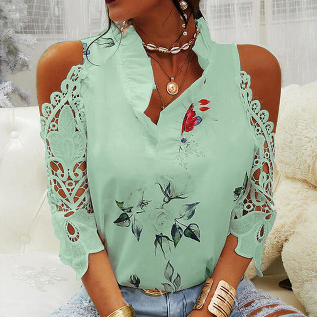 Dame Elegant Bluse med blomster mønstre og spids detaljer Stilla