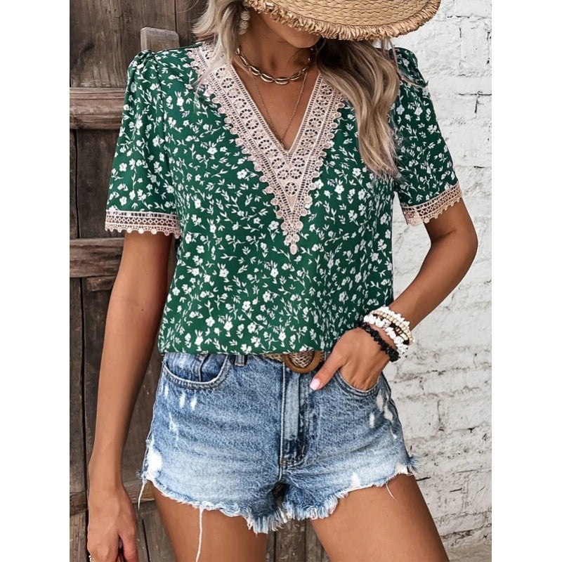 Dame Broderede Blomster V-Udskæring Top Stilla