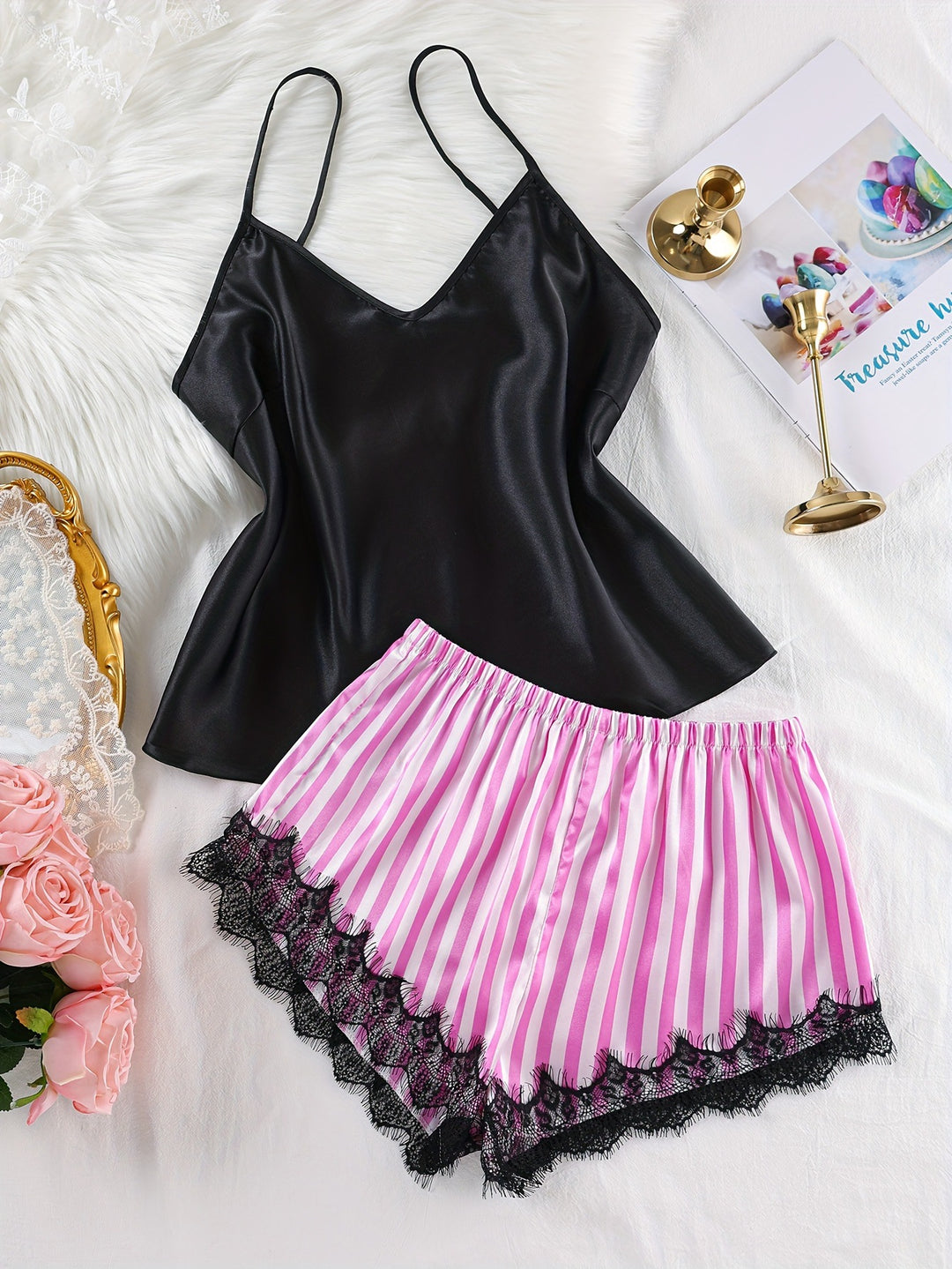 Femme Elegante Satin Cami og Shorts Sæt Stilla