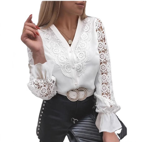 Dame spids bluse med florale ornamenter og lange ærmer Stilla