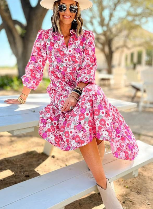 Dame Floral Print Maxi Skjorte Kjole Stilla