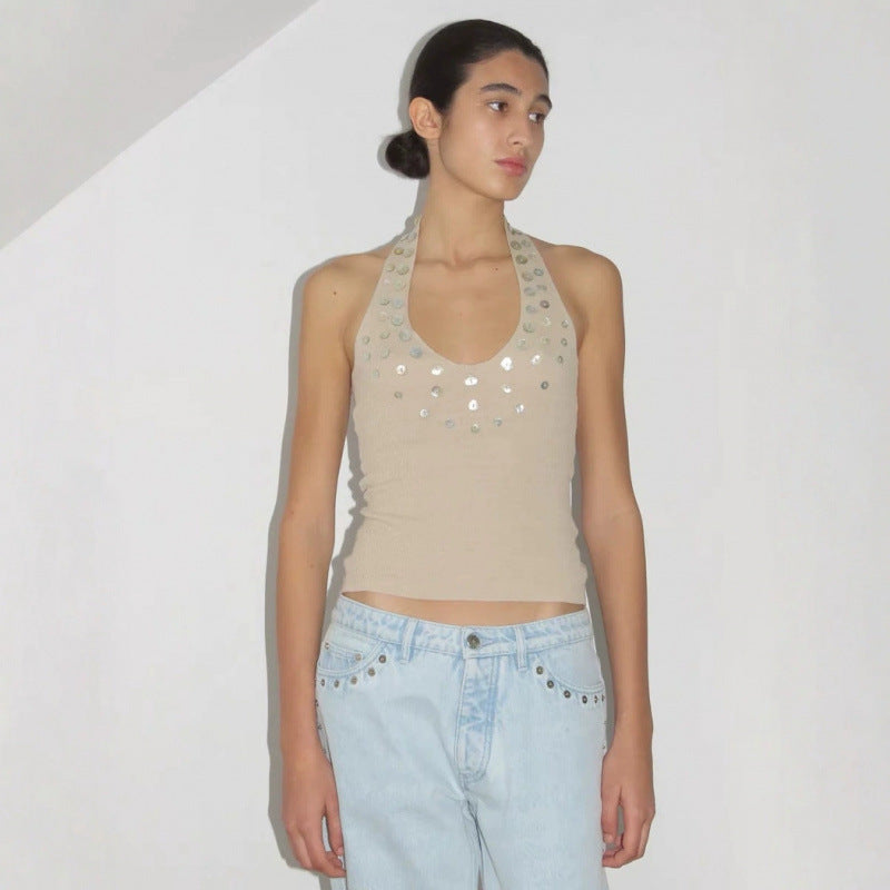 Dame Halterneck glitrende Paillet-top Stilla