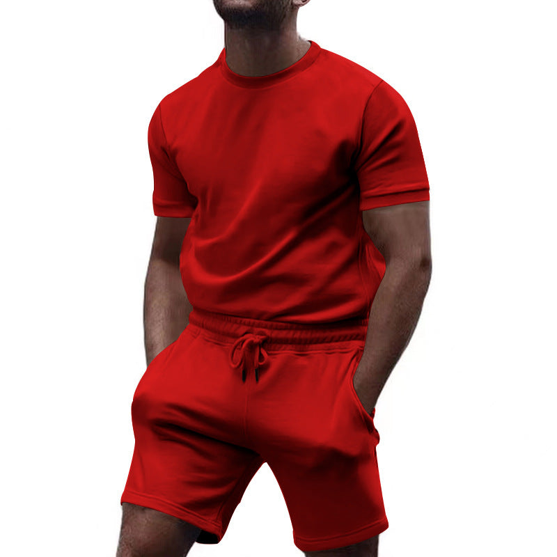 Herren nan minimalistisk jersey-sæt med komfortabel rundhalset skjorte og elastisk tunneltræk-kortbuks Skovae