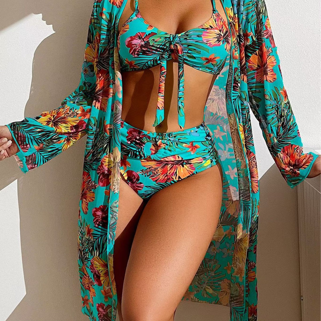 Dame bikini-sæt med blomsterprint og luftig kimono-overjakke Skovae