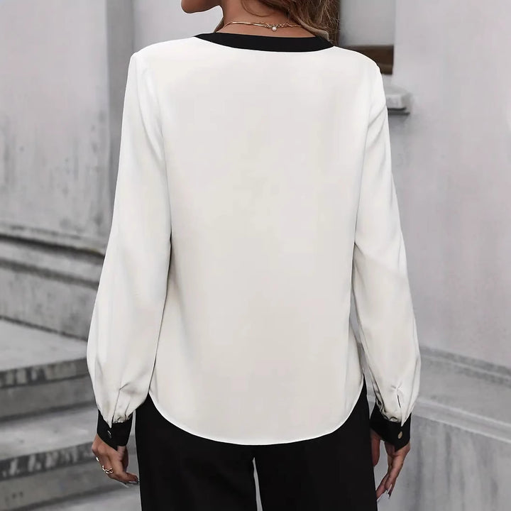 Dame Elegante Bluse med V-udskæring og kontrasterende detaljer Stilla