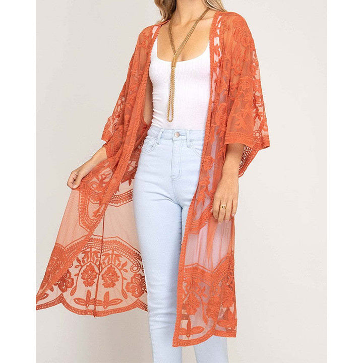 Dame luftig Crochet-Kimono med blomsterdetaljer Stilla