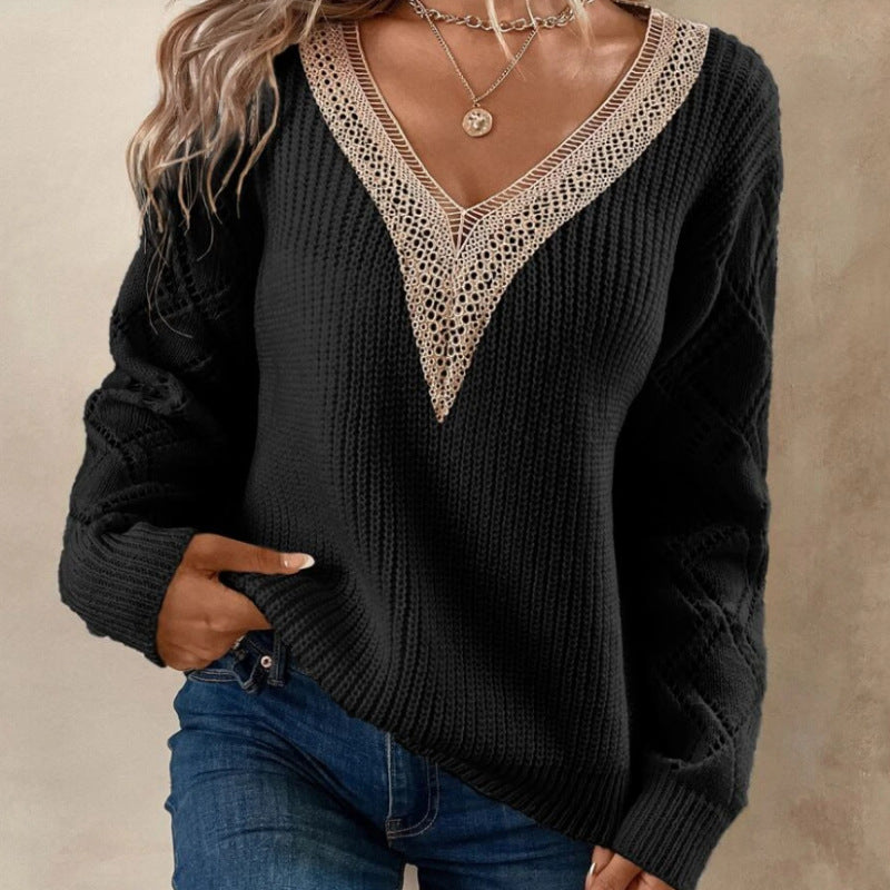 Femme struktureret V-hals strikpullover med spidse accenter Stilla
