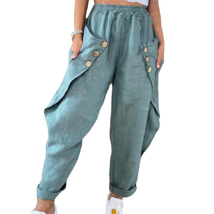 Dame Casual Cargo Bukser med Knapdetaljer og Bred Snit Stilla
