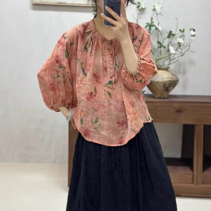 Femme Floral Print Let Knap-Bluse Stilla
