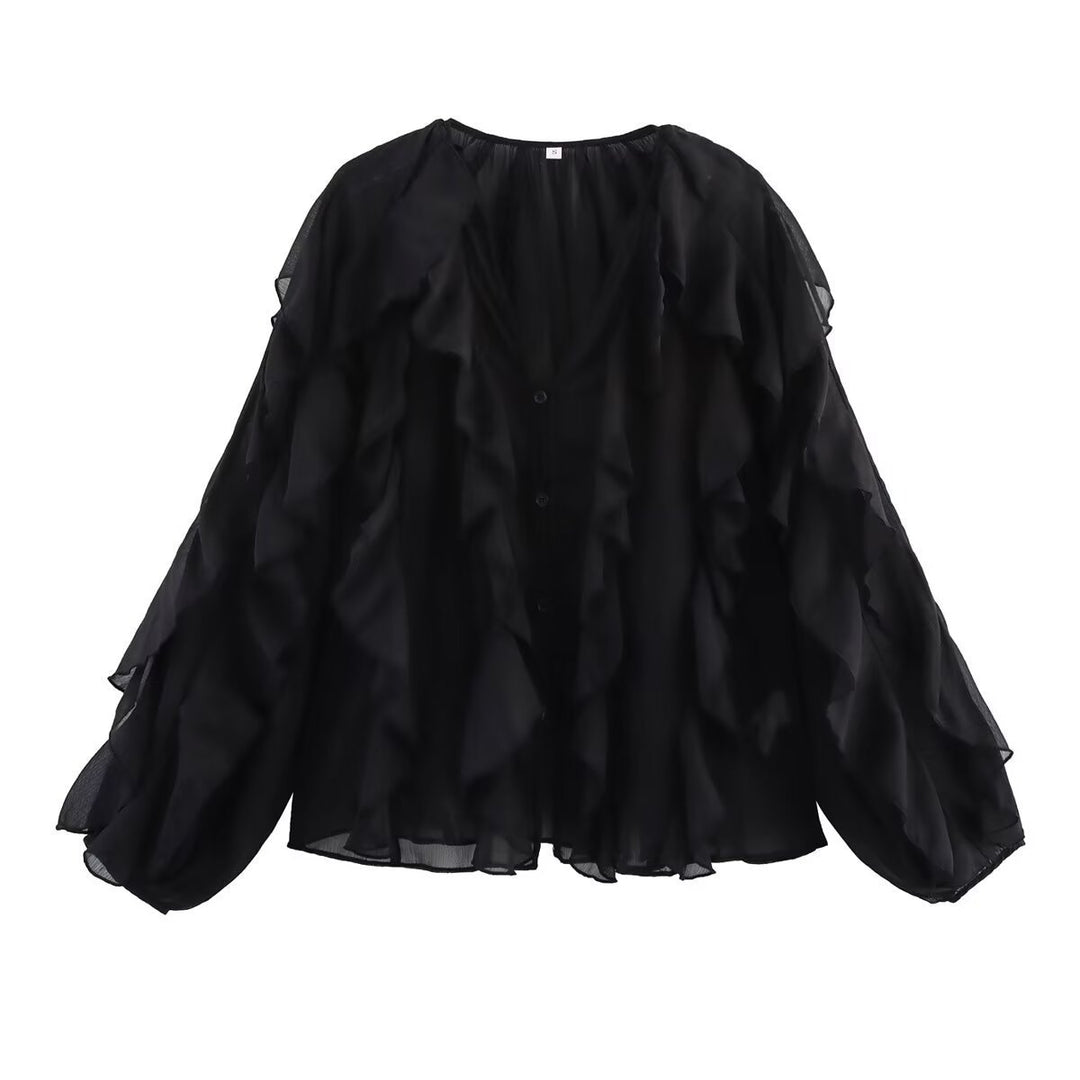 Kvinders elegante flæsebluse med voluminøse ærmer Stilla