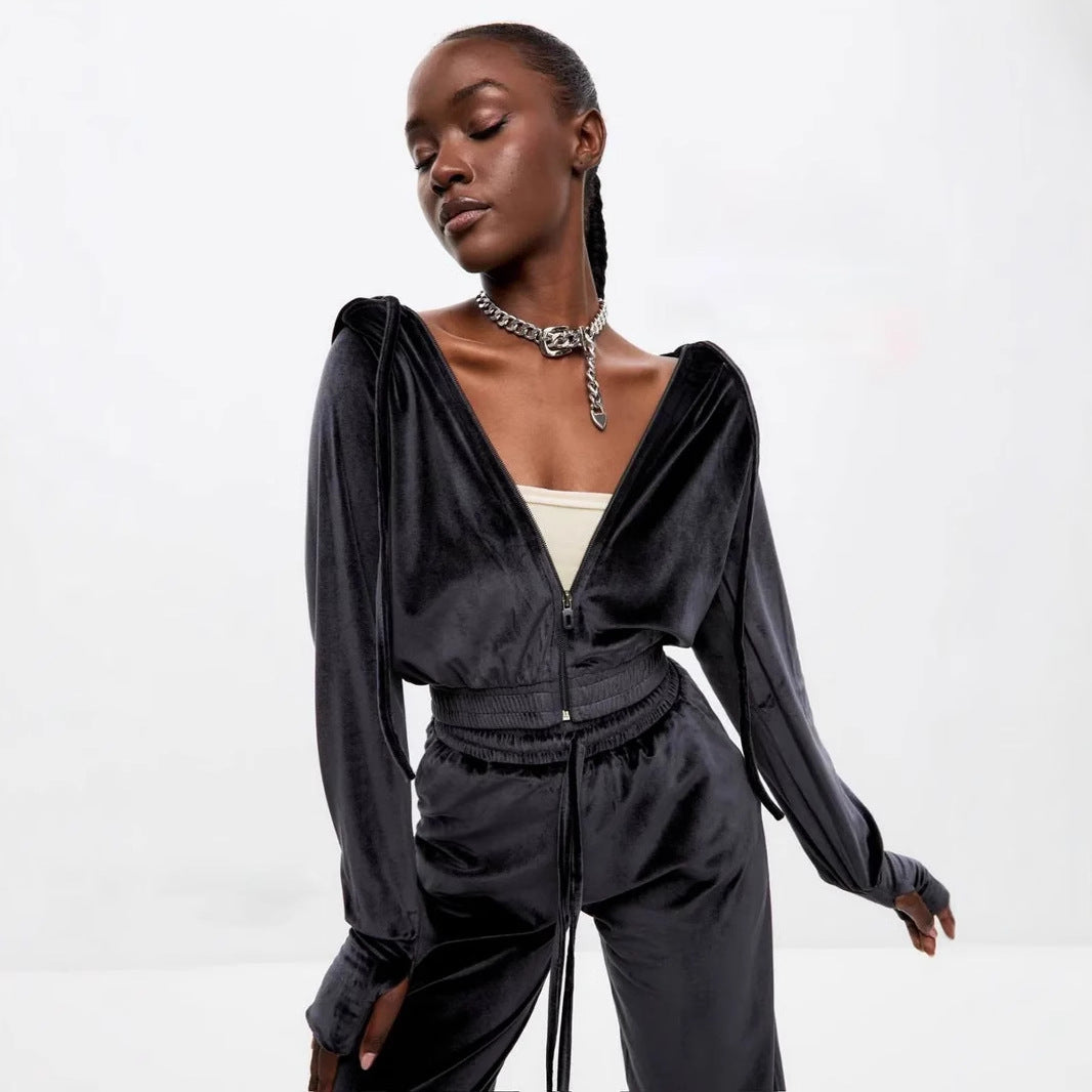 Kvindernes sporty velour loungewear-sæt med høj talje og lynlås Skovae