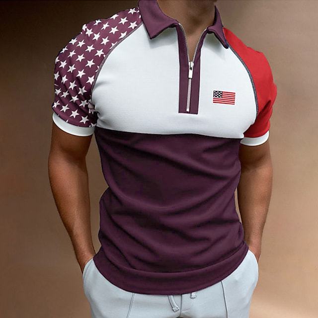 Herrer Zip-Up Performance Polo-Shirt med amerikansk flag-applikation Stilla