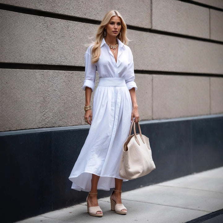 Dame skjortekjole med elegant talje og flydende skirt Stilla