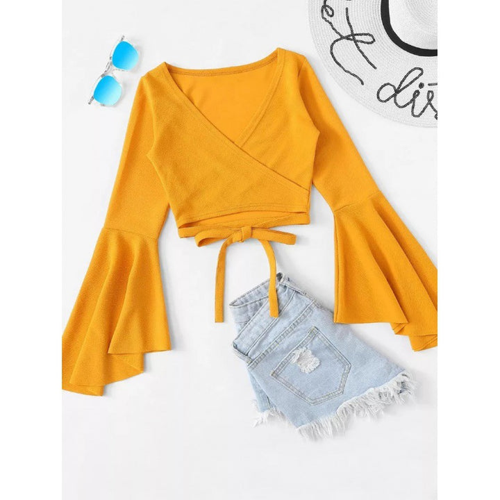 Dame Flared Ærme Cropped Wrap Top Stilla