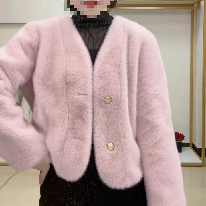 Kvinders fluffy kort jakke med elegante knapper Stilla