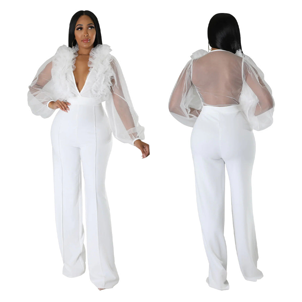 Dame Elegant Jumpsuit med voluminøse flæseærmer og højhalset krave Stilla