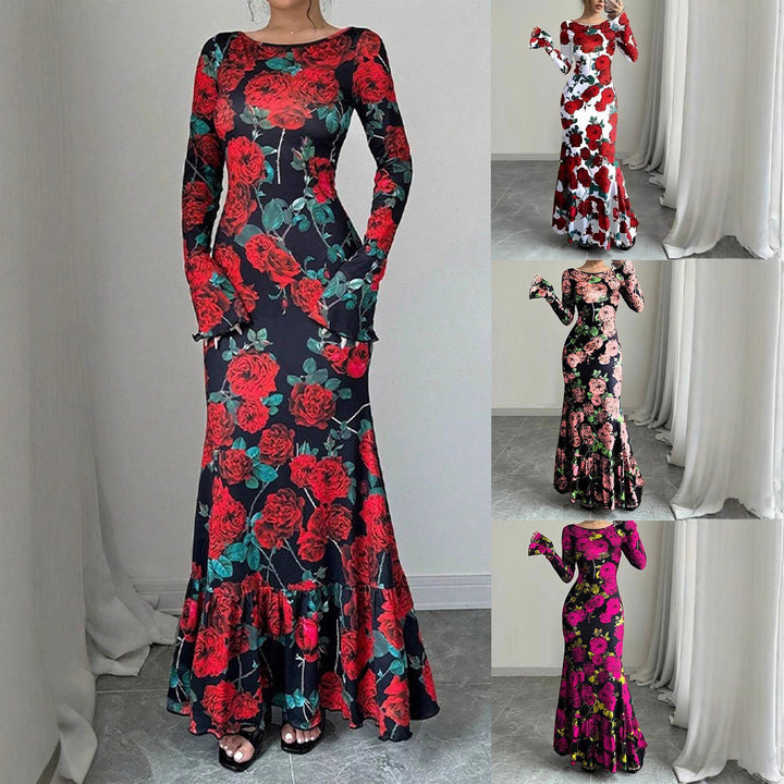 Kvinder Elegant Maxi Kjole med Blomster Rynke Detaljer og Lange Ærmer Stilla