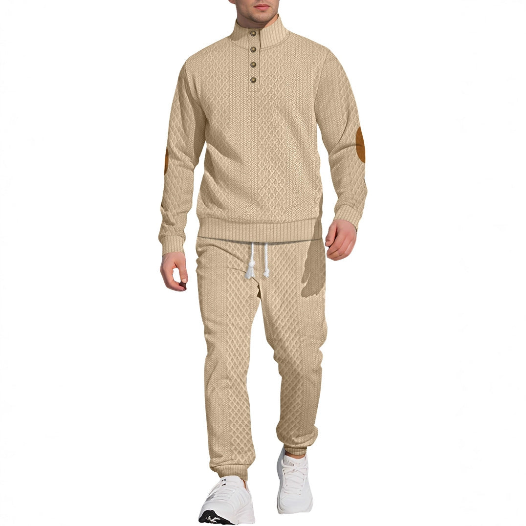 Herre nan struktureret strik-fritidsoutfit med halvknap-høj krave, daim-ellbogenlapper og snøre-bund joggers Skovae
