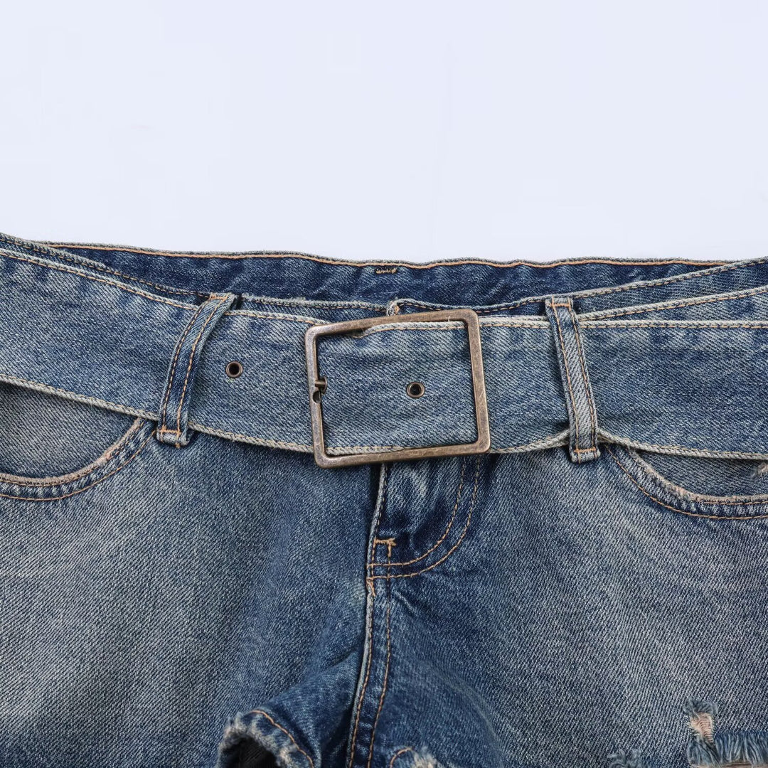 Dame mode Z destroyed denim shorts med justerbart bælte Skovae