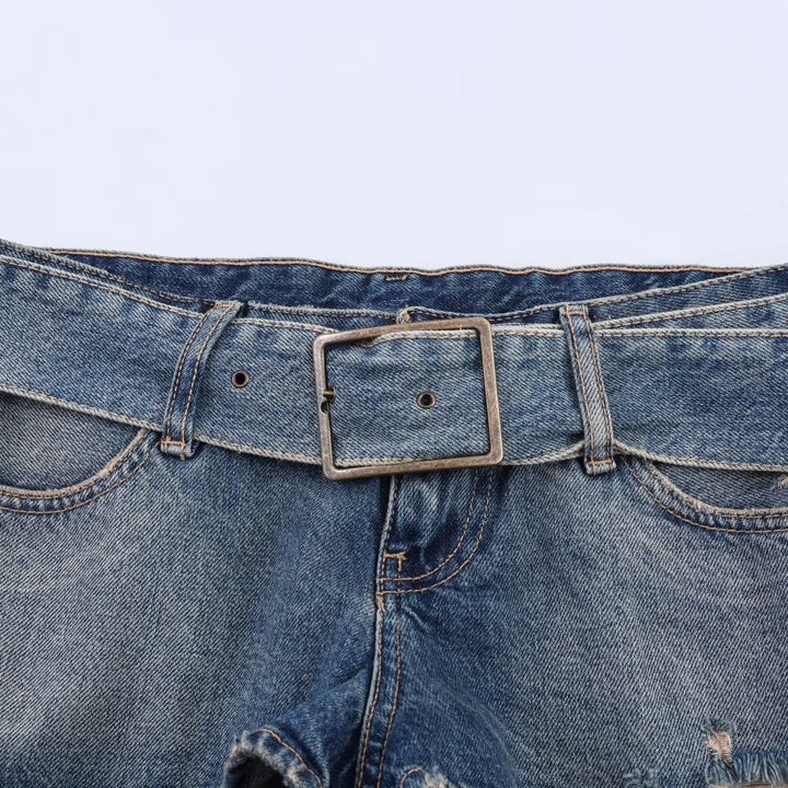 Dame mode Z destroyed denim shorts med justerbart bælte Skovae