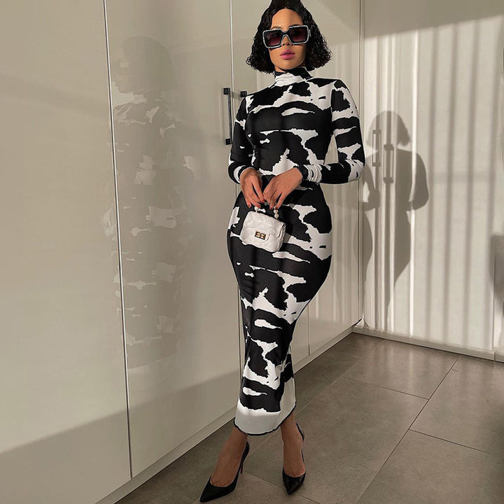 Dame Langærmet Mock Neck Bodycon Kjole Stilla