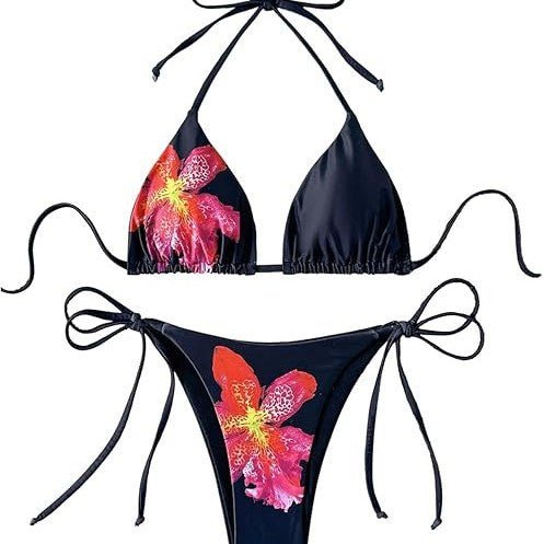 Dame Triangel-bikini med legende blomster mønster og justerbare bindebånd Stilla