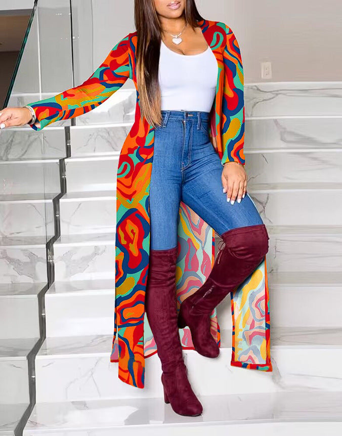 Dame Lang Kimono med grafisk Design Stilla