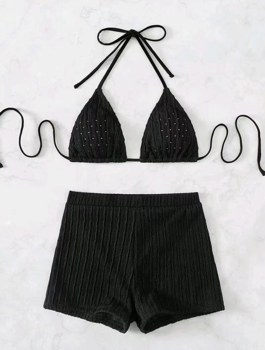 Dame Ripp Triangle Bikini Sæt med Høj Talje Shorts Stilla