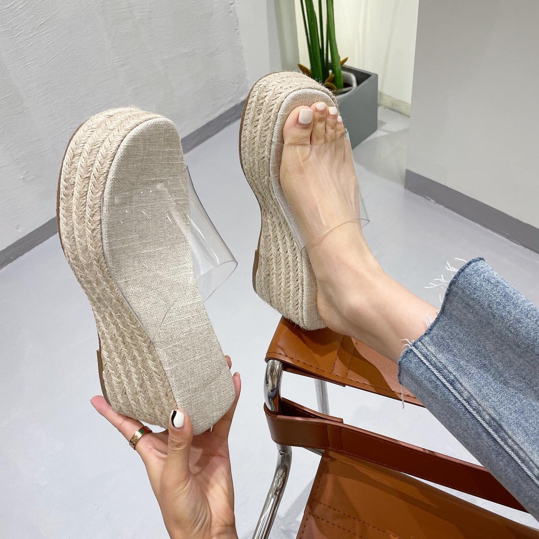 Dame elegante wedge-sandaler med gennemsigtigt overmateriale og flettet hæl Stilla