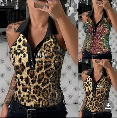 Dame Pailletter Leopardprint Polo Top Stilla