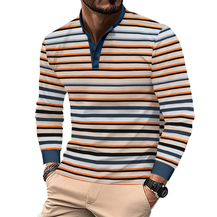 Herren nan stribet langærmet Henley skjorte med ståkrave, slank pasform og elastisk bomuldsblanding Skovae