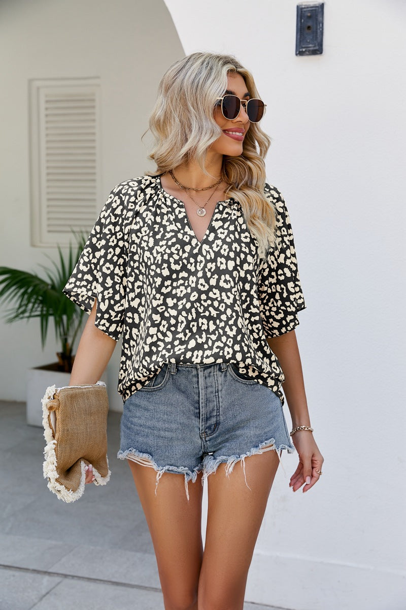 Dame afslappet kortærmet bluse t-shirt med iøjnefaldende leopardmønster Stilla