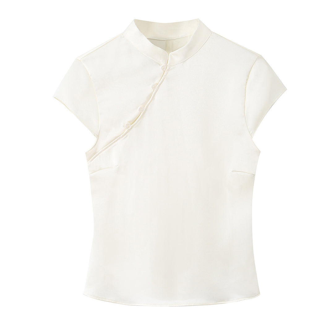 Dame elegant top med asymmetrisk krave og knapdetaljer Skovae