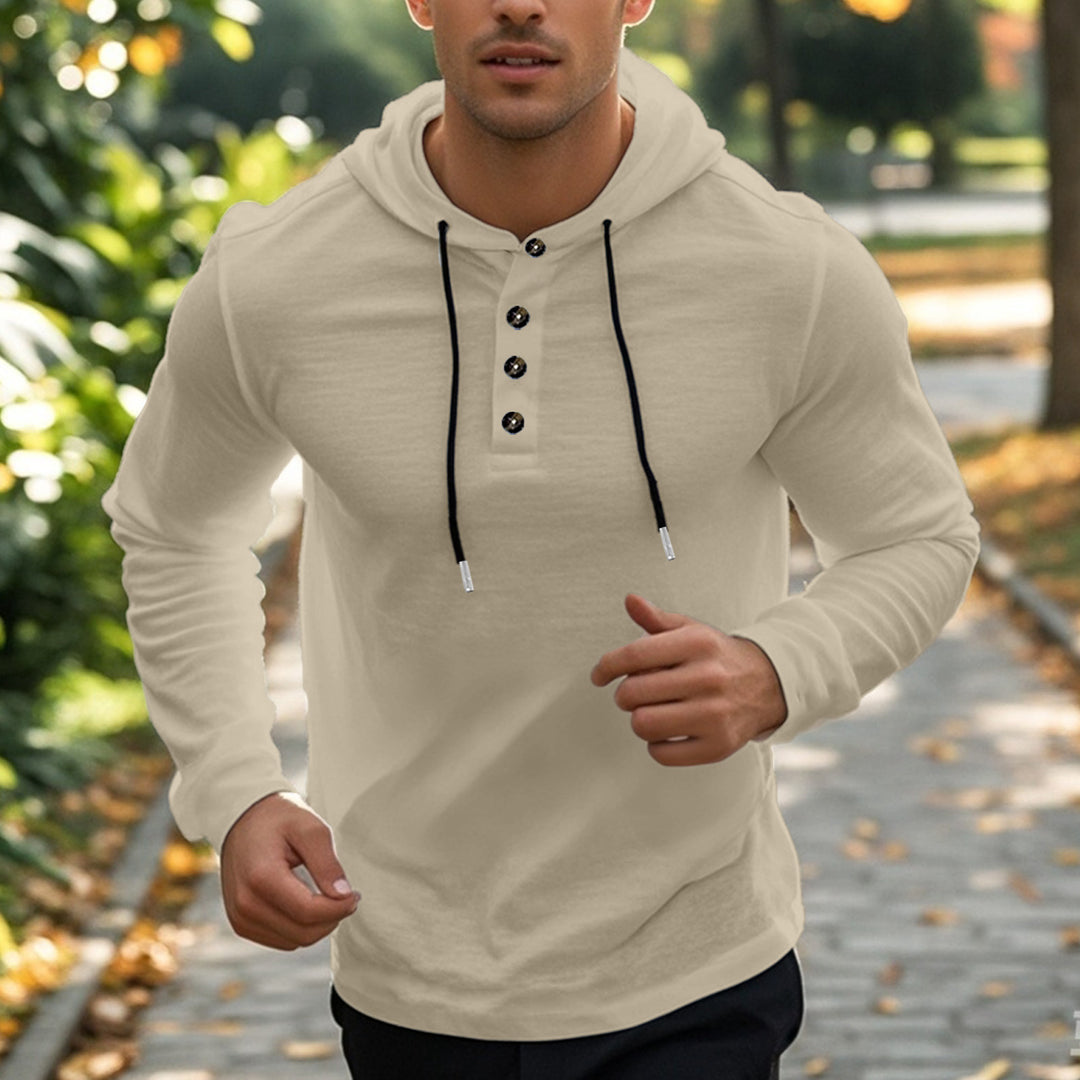 Herrer casual hættepullover i Henley-stil med knaplukning og justerbar snor Skovae