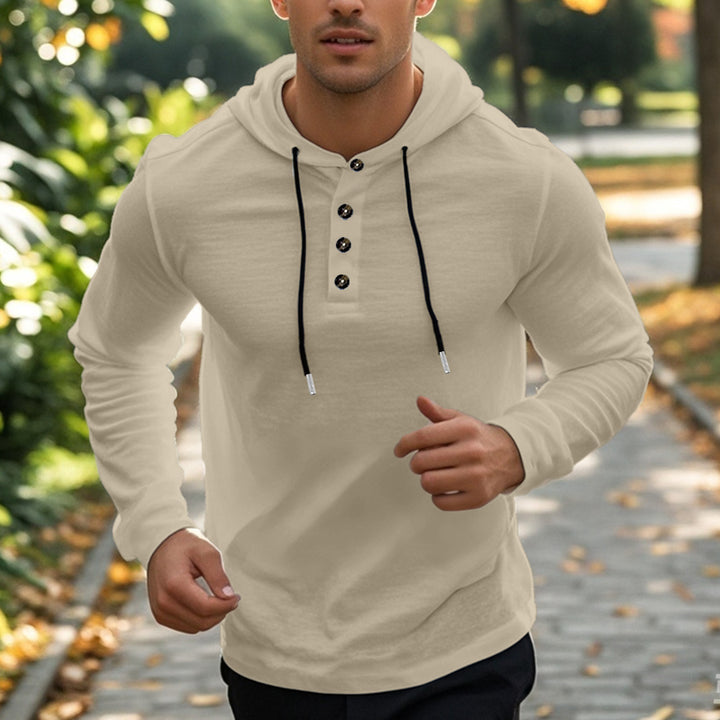 Herrer casual hættepullover i Henley-stil med knaplukning og justerbar snor Skovae