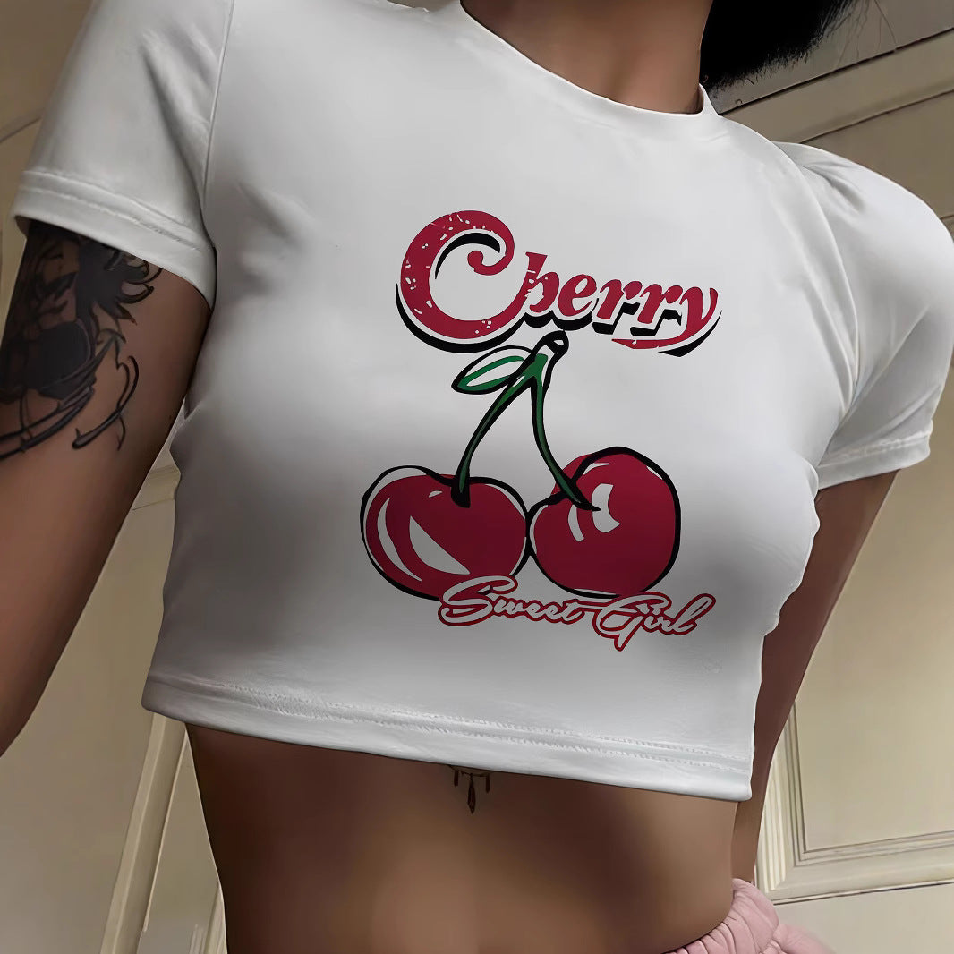 Dame Crop-T-Shirt med muntert kirsebærmotiv Skovae