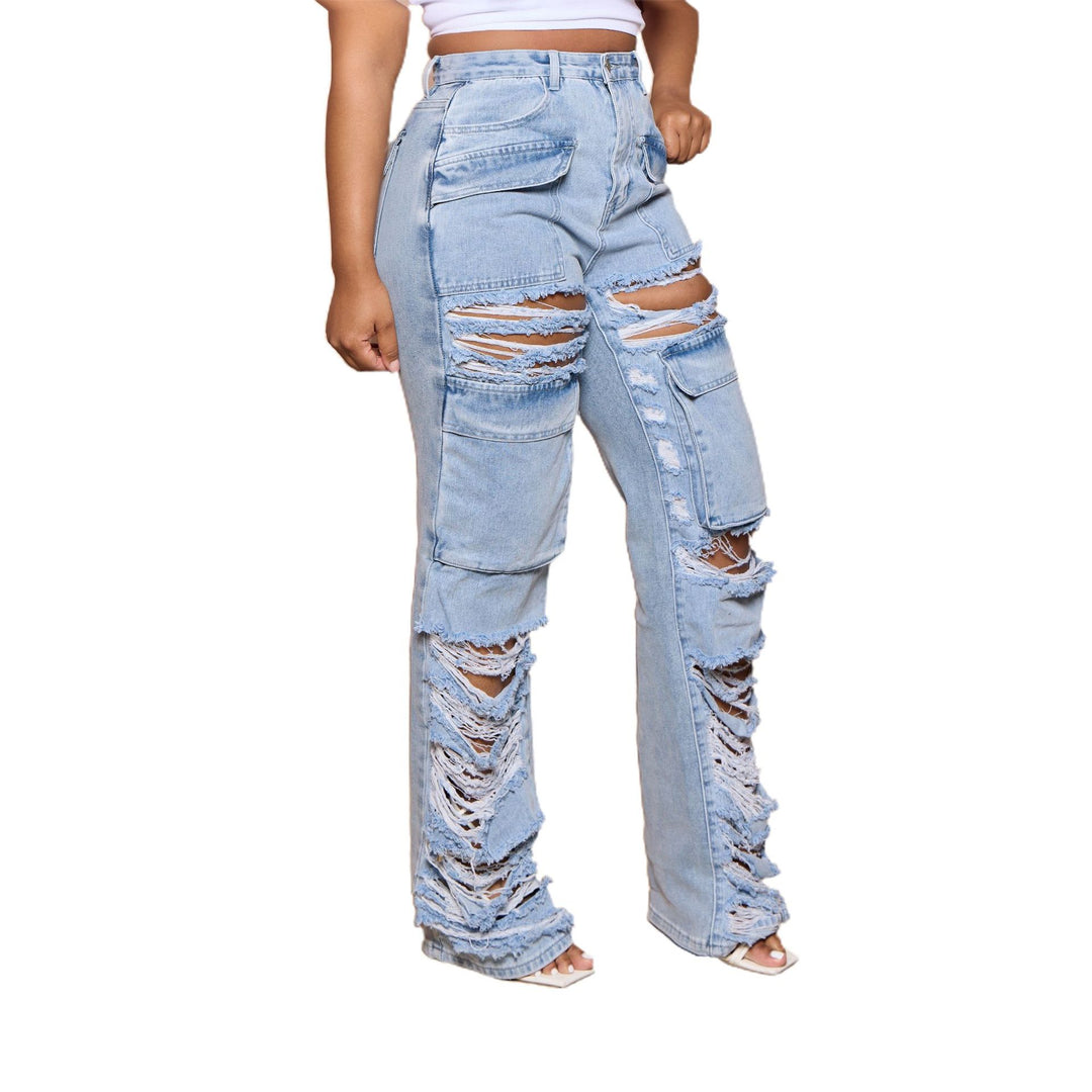 Dame Cargo-jeans med frynset detaljer og modige revner Stilla