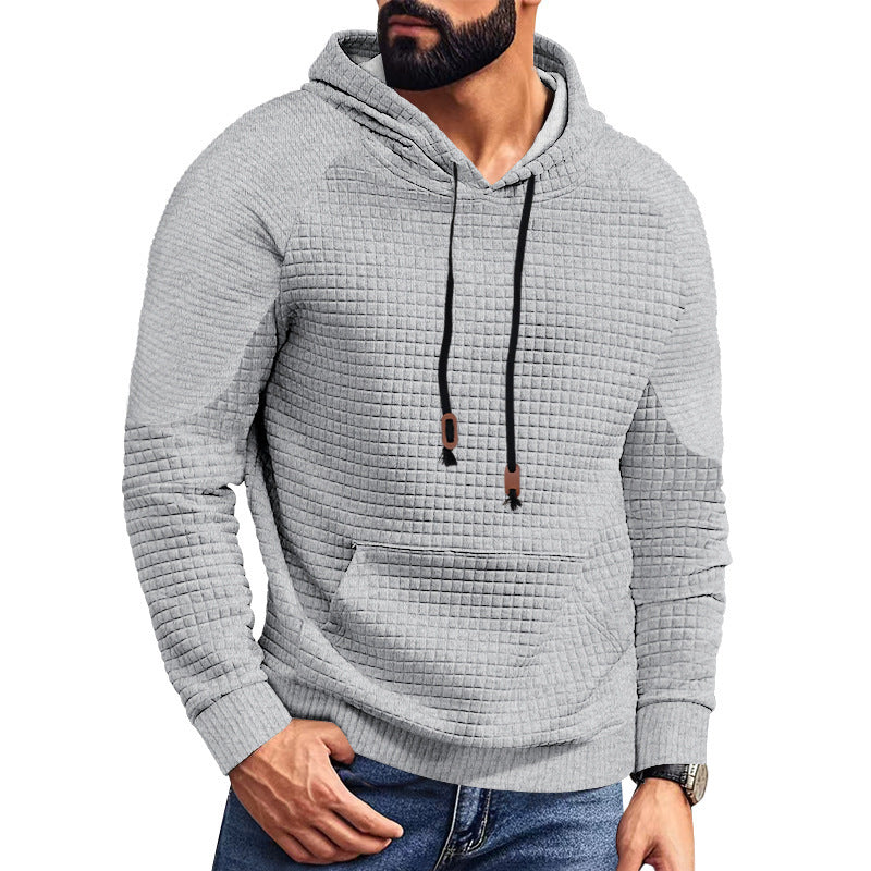 Herren nan kvadratstruktureret hættepullover i quiltet look med kængurulomme, raglanærmer og snor.