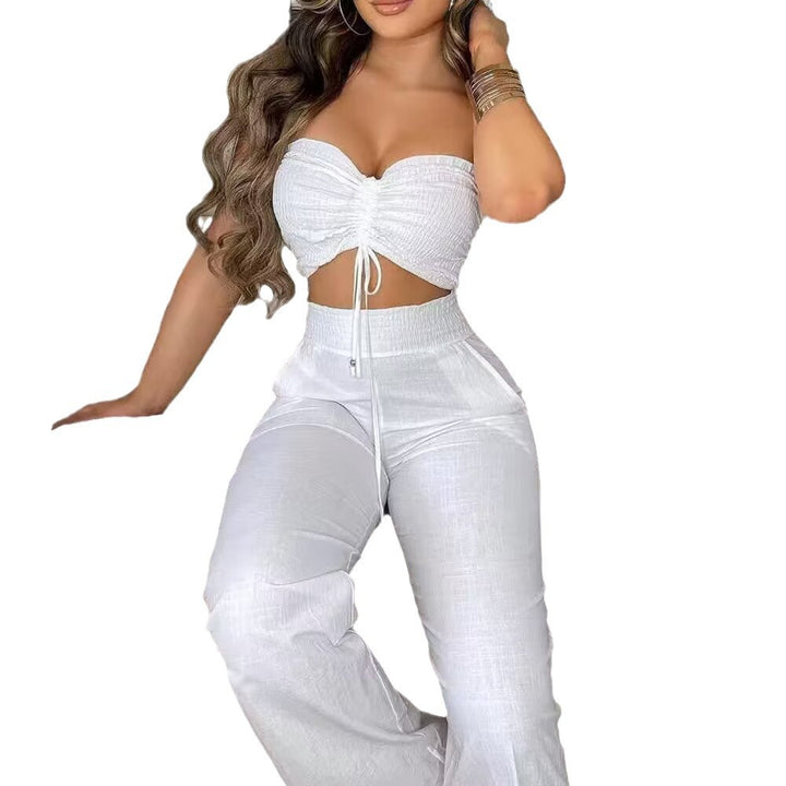 Dame To-delt Outfit lavet af let materiale med justerbar Crop-Top og High-Waist-Bukser Skovae