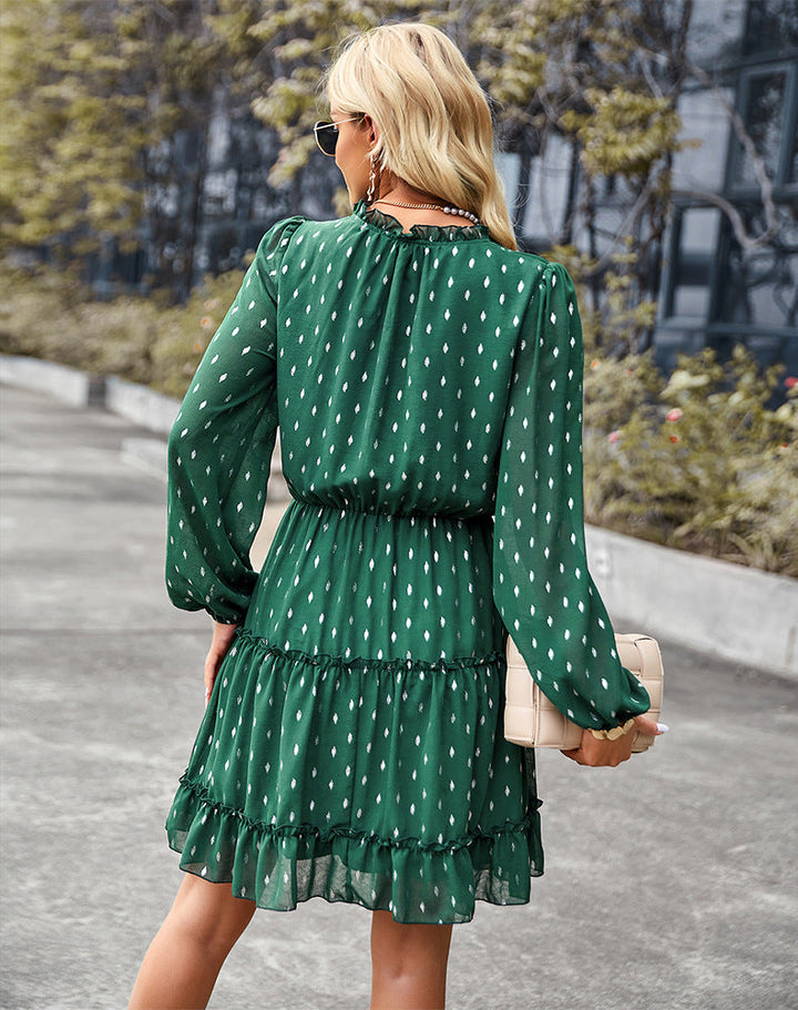 Stilla | Afslappet V-hals Polka Dot Langærmet Mini Kjole