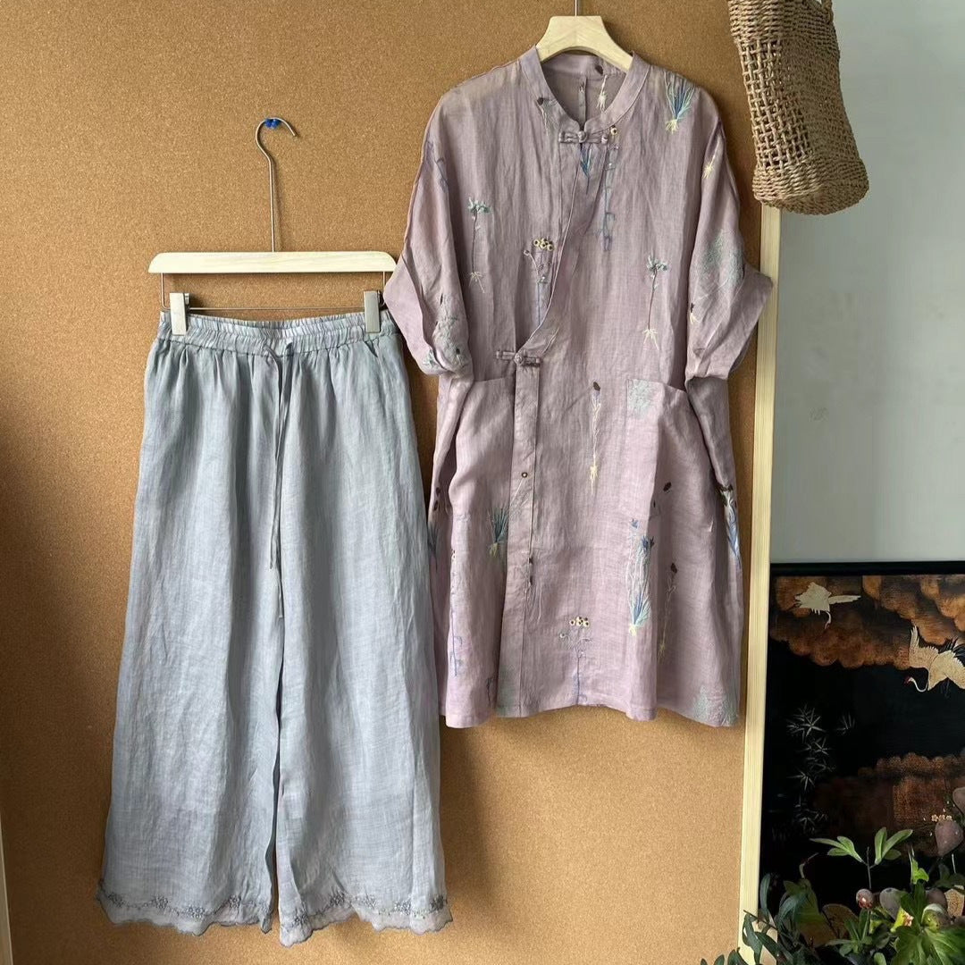 Femme Broderet Linned blouse og Løse Culottes Sæt Stilla