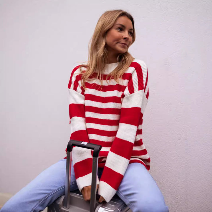 Dame moderigtige chunky strik sweater med iøjnefaldende stribemønster Stilla