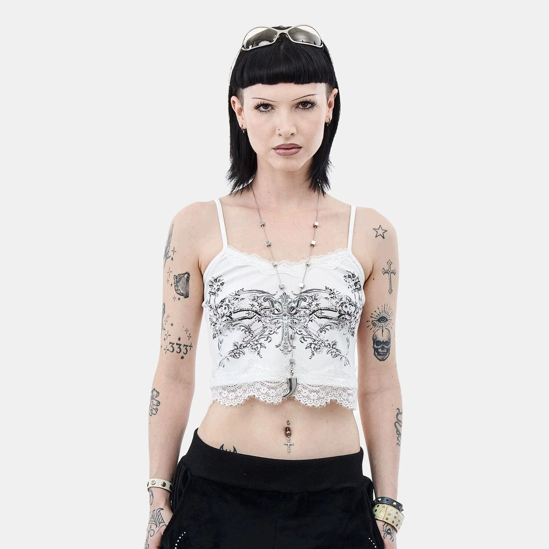 Dame spids camisole med blomstertryk Skovae