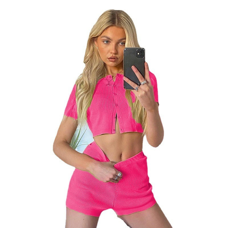 Dame Cropped Strikoverdel og Shorts Sæt Stilla