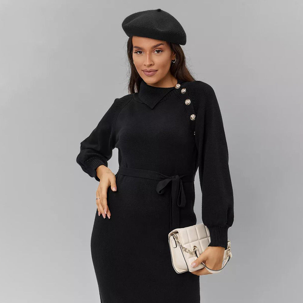 Kvinders elegante strikket kjole med skræddersyet bælte og fashionable knapdetaljer Stilla