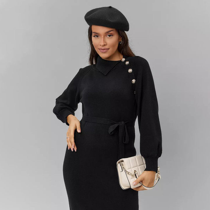 Kvinders elegante strikket kjole med skræddersyet bælte og fashionable knapdetaljer Stilla