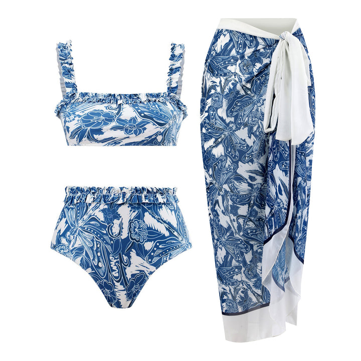 Dame bikini-sæt med elegante flæsedetaljer og matchende maxiskørt Stilla