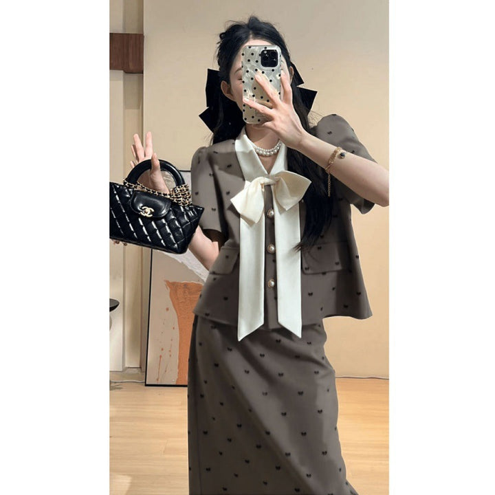 Femme Elegante To-delt Midi-nederdel-sæt med sløjfedetalje Stilla