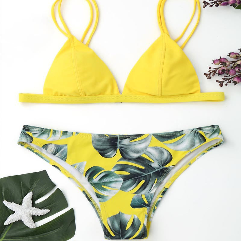 Dame triangel-bikini med trendy bladmønster Skovae